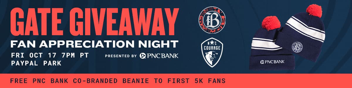 Gate Giveaway: First 5,000 fans at Friday's match receive a Bay FC beanie, courtesy of PNC Bank