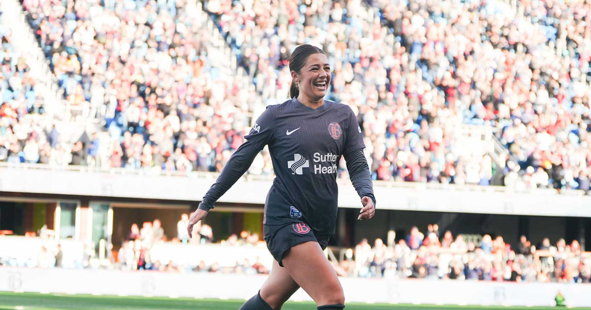 Bay FC player Alex Loera celebrates after scoring against Seattle Reign FC