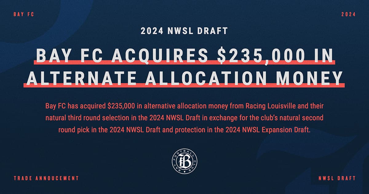 Bay FC Acquires Racing Louisville FC’s Natural Third Round Draft Pick in the 2024 NWSL Draft and $235,000 in Alternative Allocation Money