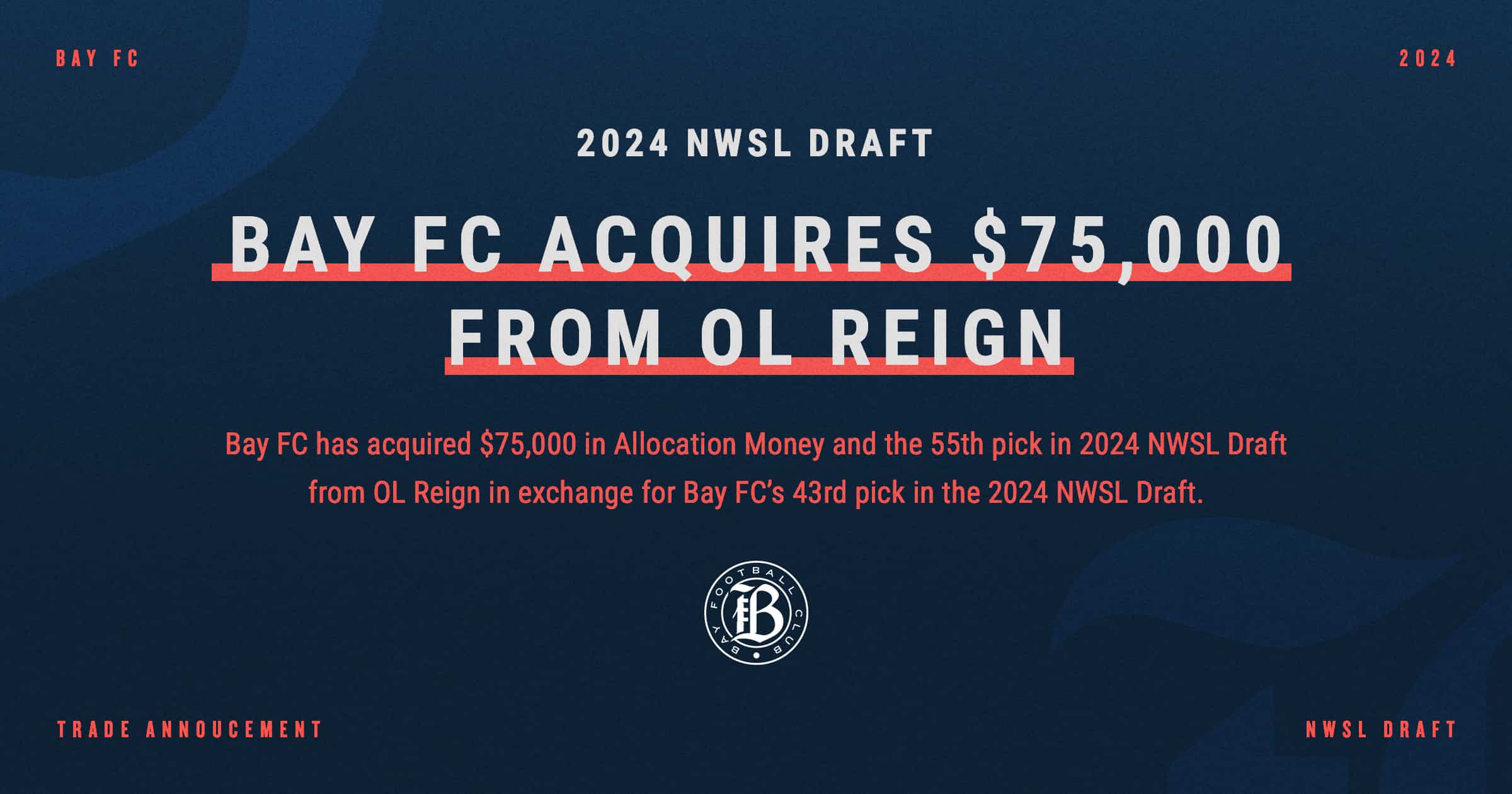Bay FC acquires 75,000 Allocation Money, 55th pick in 2024 NWSL Draft
